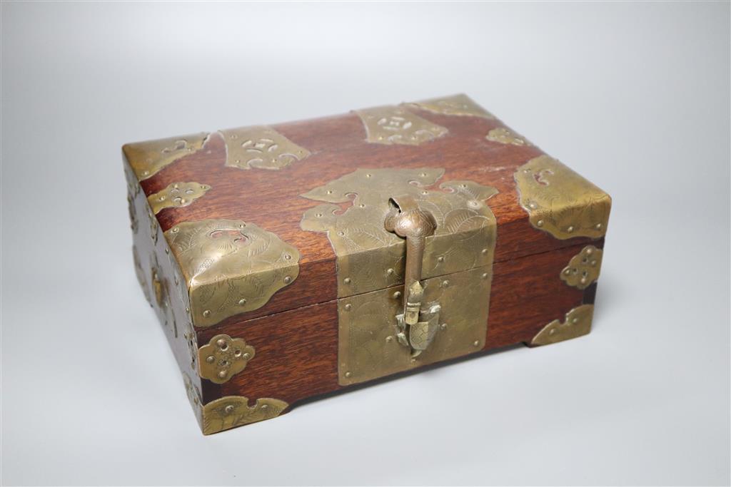 A Chinese padouk frame with inlaid zodiac symbolism, 58 x 48cm and a Chinese brass-mounted box with turtle lock, width 23cm